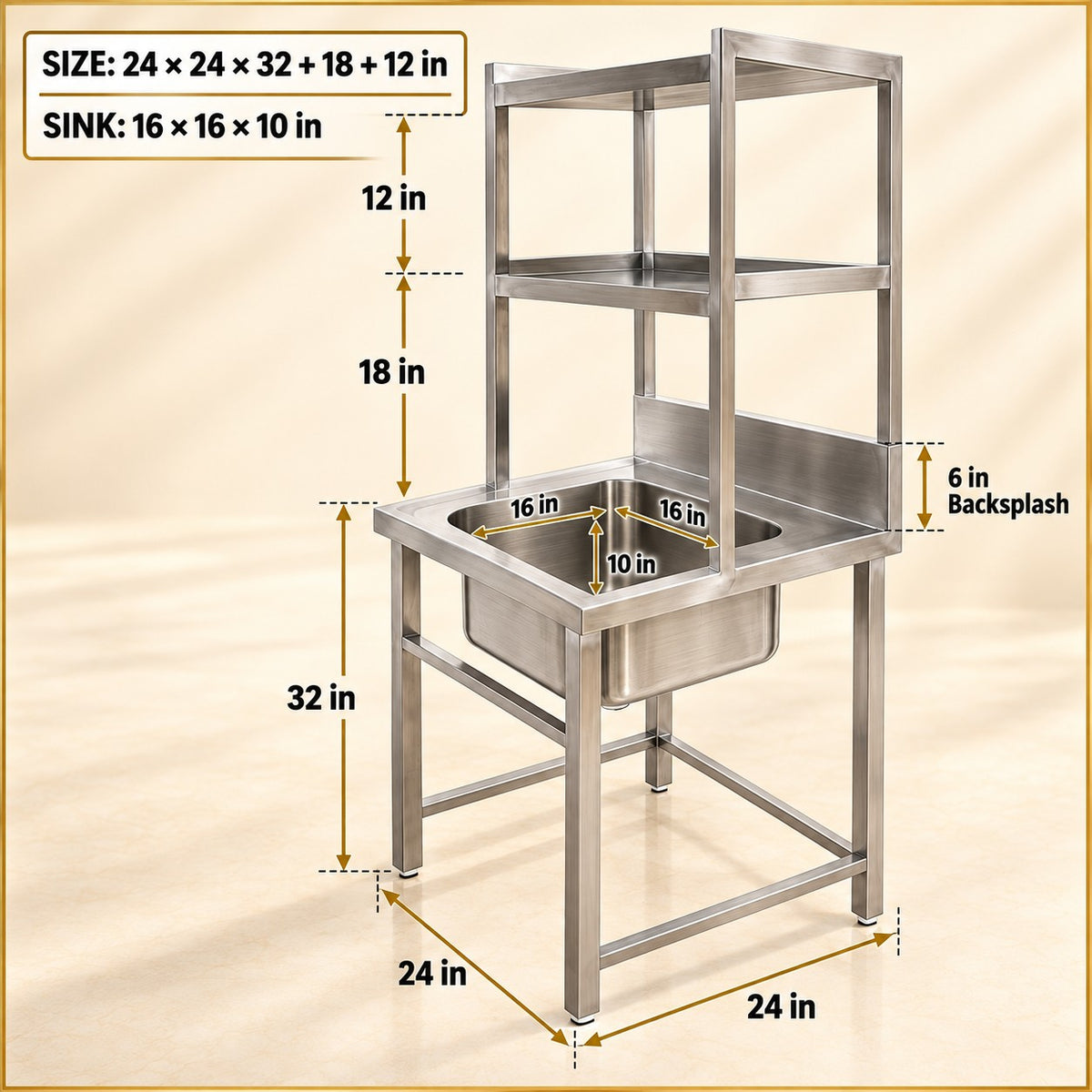 Single Sink with Pickup – 24 × 24 × 32 + 18 + 12 in
