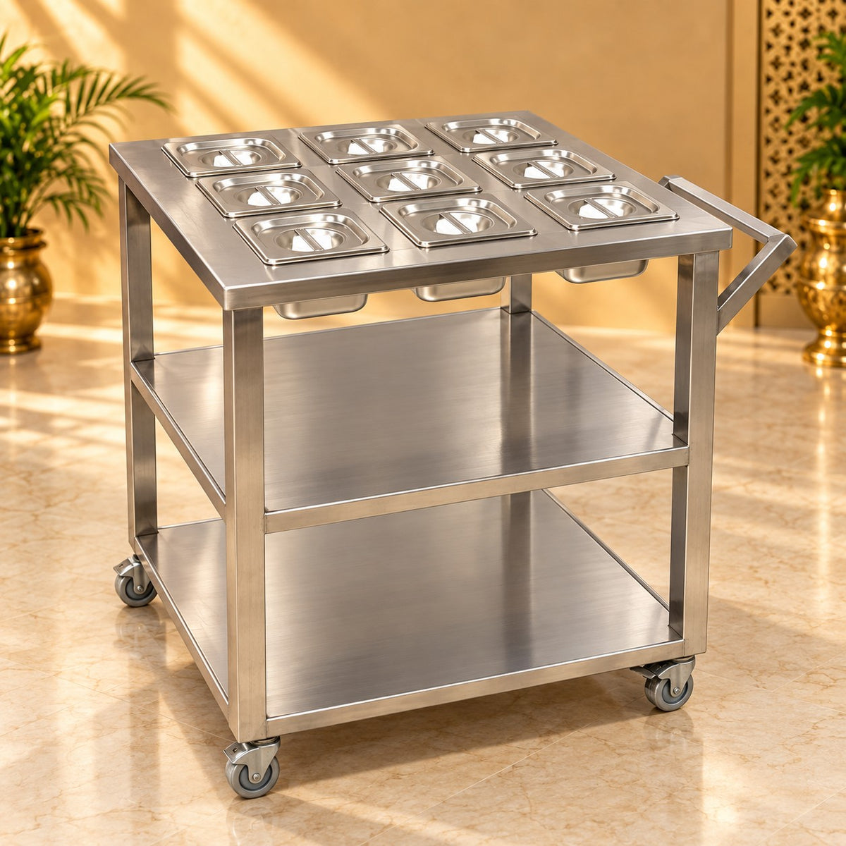 GN Pan Serving Trolley – 28 × 28 × 34 in, 9 Pans
