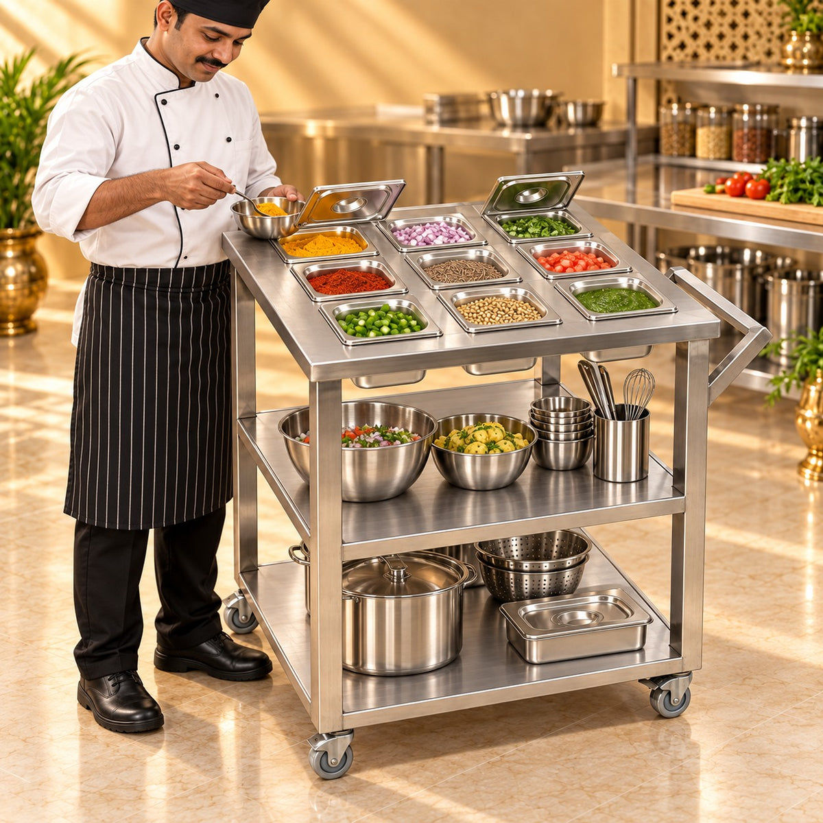 GN Pan Serving Trolley – 28 × 28 × 34 in, 9 Pans