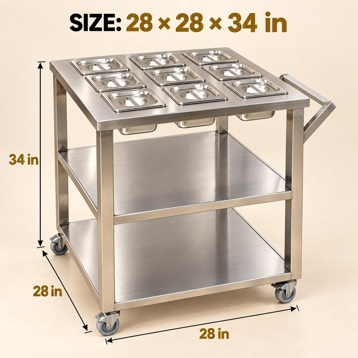 GN Pan Serving Trolley – 28 × 28 × 34 in, 9 Pans