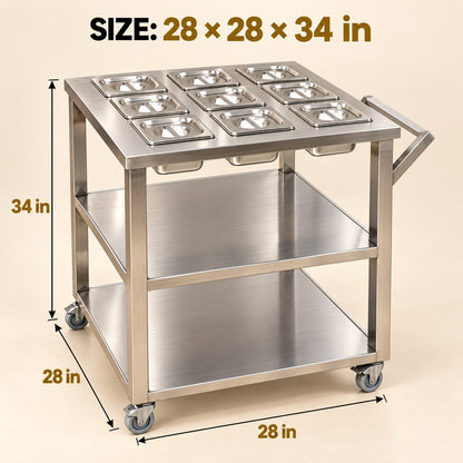 GN Pan Serving Trolley – 28 × 28 × 34 in, 9 Pans