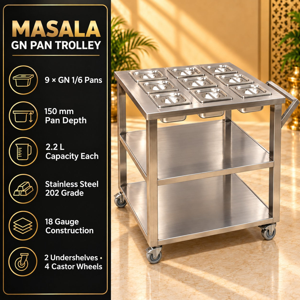GN Pan Serving Trolley – 28 × 28 × 34 in, 9 Pans