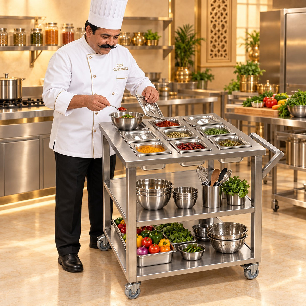 GN Pan Serving Trolley – 28 × 28 × 34 in, 9 Pans