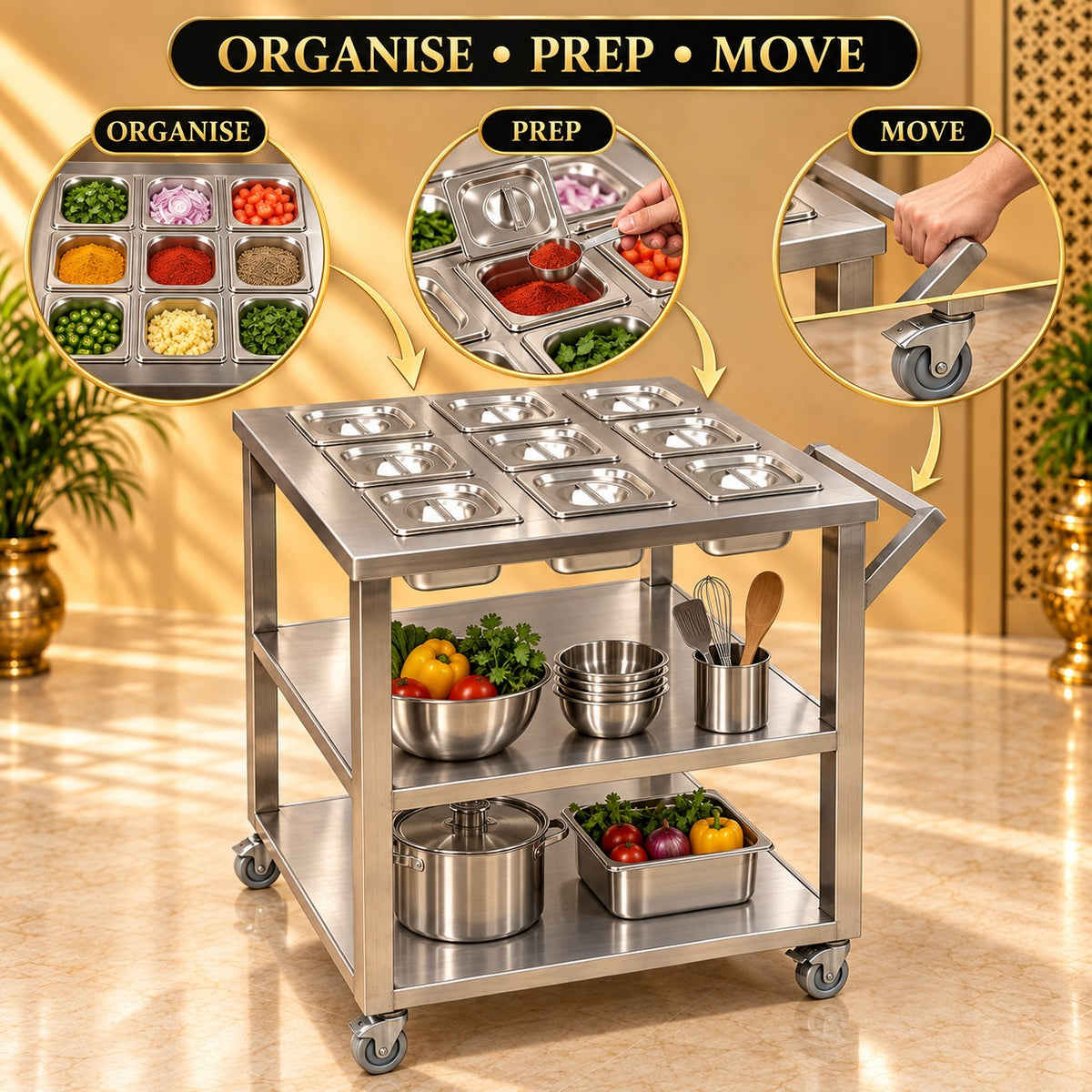 GN Pan Serving Trolley – 28 × 28 × 34 in, 9 Pans